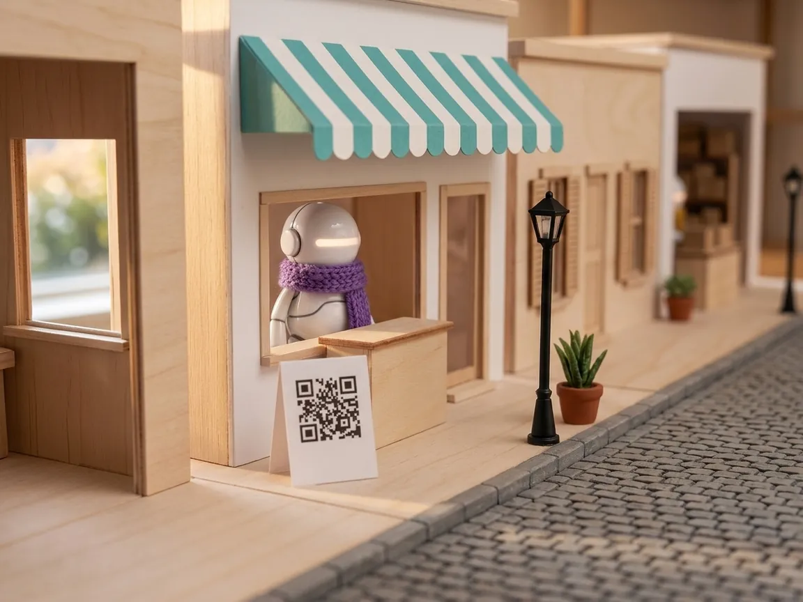 Miniature shop with a striped awning, a robot with a violet scarf and a sign with a QR code