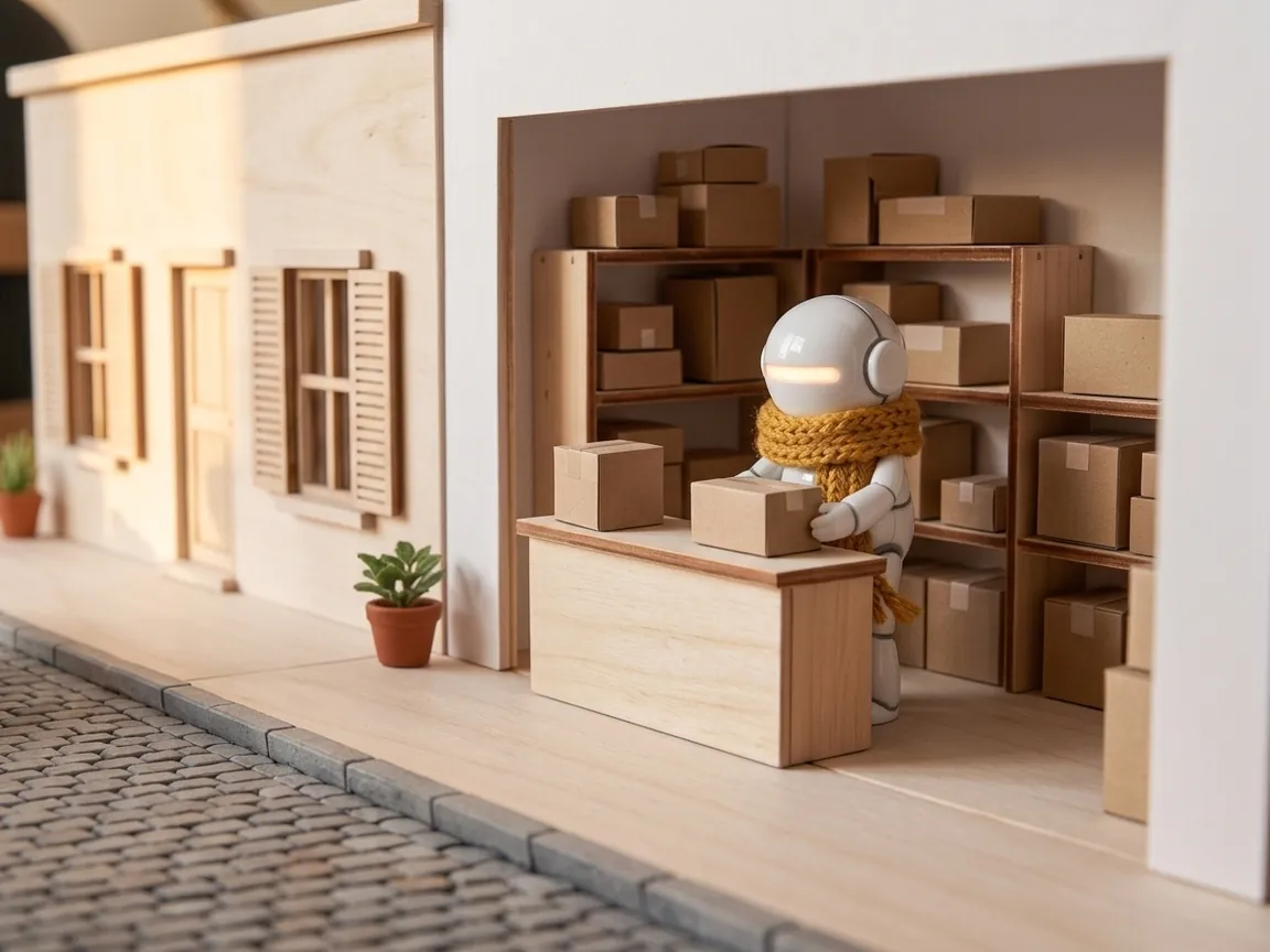 Miniature parcel shop with shelves of boxes and a robot with an amber scarf