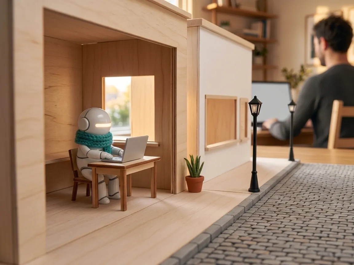 Miniature studio where a robot with a teal scarf works on its laptop