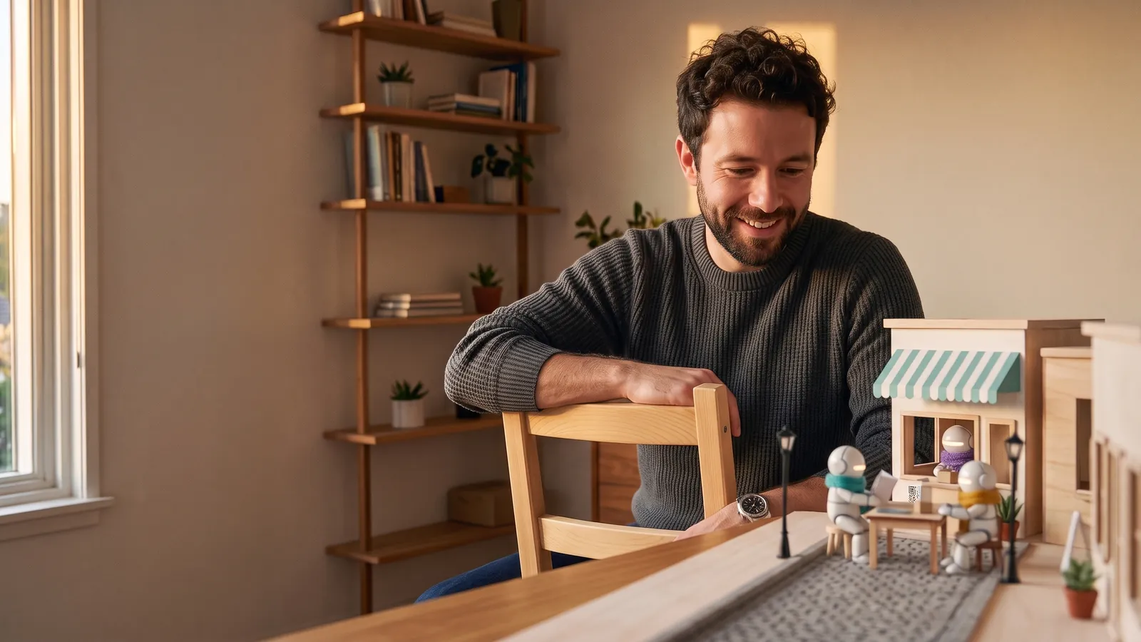 The owner turns in his chair and smiles at the miniature street of his virtual employees
