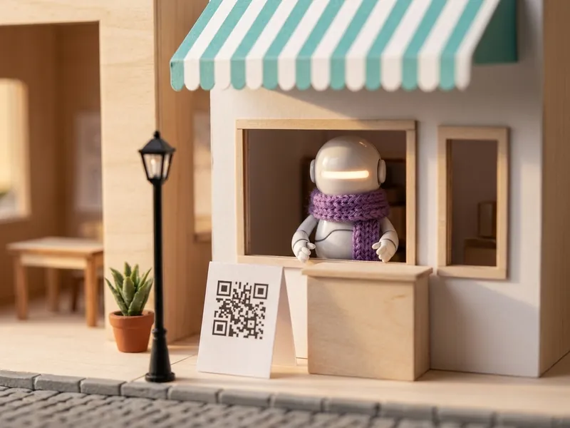 Miniature robot with a violet scarf at the counter of a shop with an awning