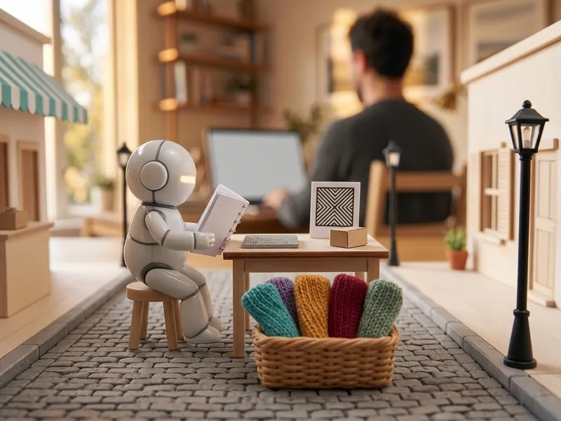Miniature robot without a scarf reading its binder, next to a basket of colored scarves