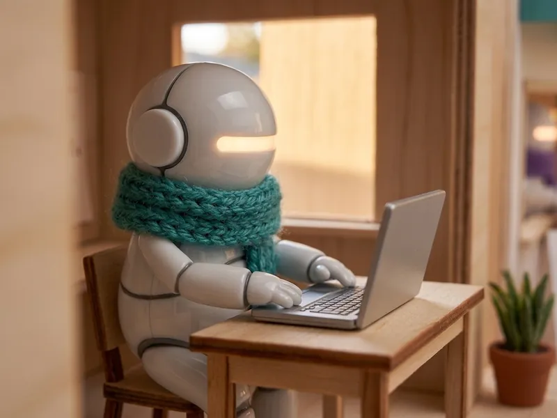 Miniature robot with a teal scarf, typing at its desk