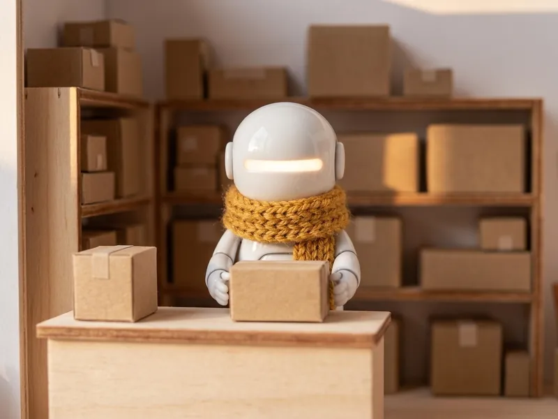 Miniature robot with an amber scarf behind the counter of a parcel shop